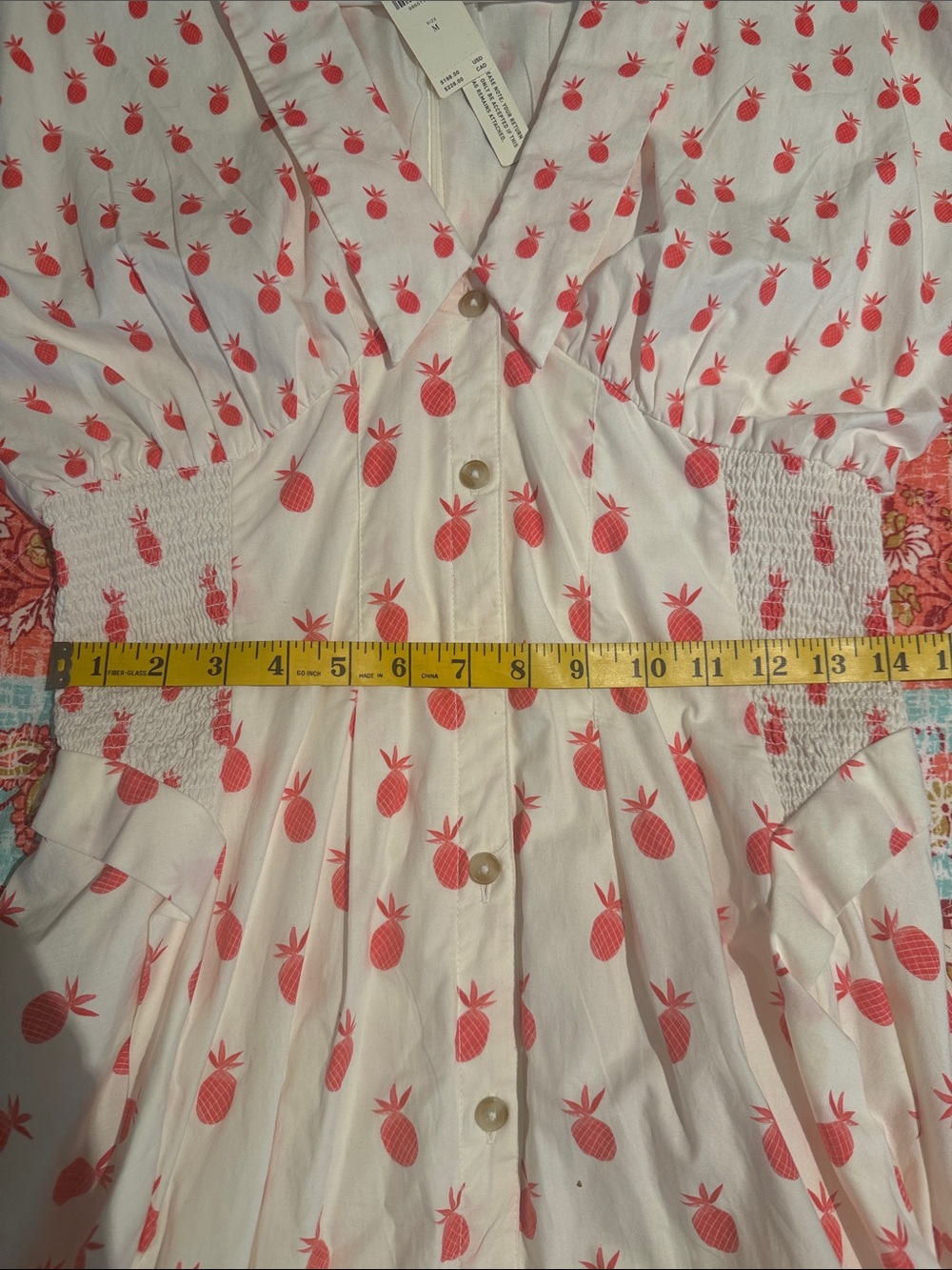 Anthropologie White and Pink Pineapple Printed V-Neck Midi Dress (M) - Picture 12 of 13